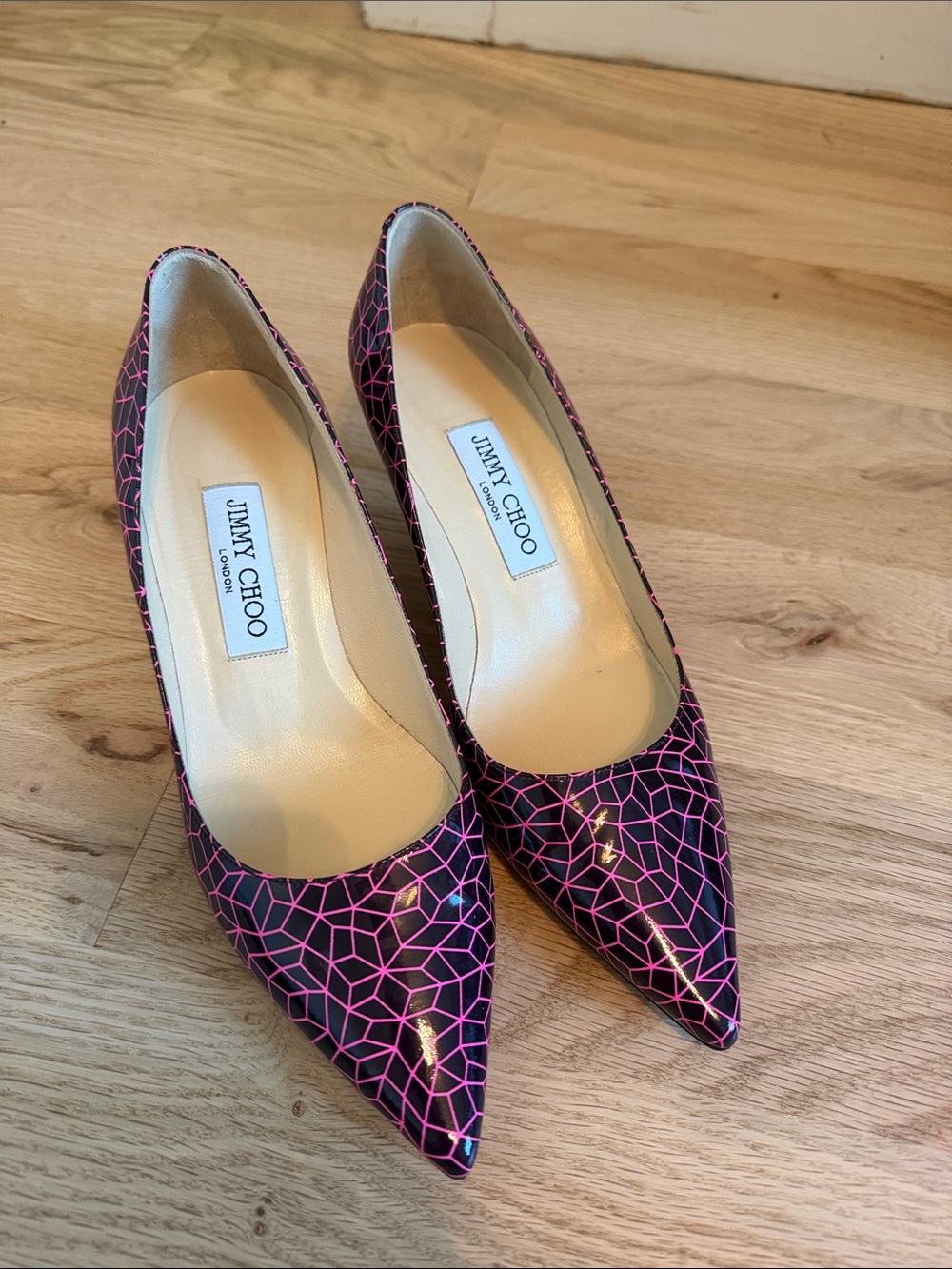 Jimmy Choo Black and Pink Geometric Pointed-Toe Pumps